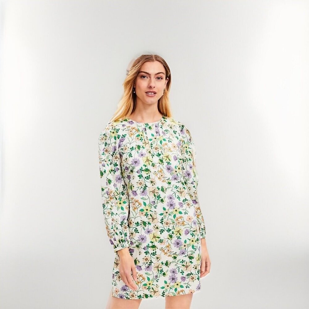 LOFT Floral Long Sleeve Dress - Cream and Purple